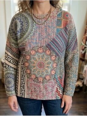 Mixed Print Patchwork Mandala Boho Sweater 1XL Colorful Geometric Artful Chic